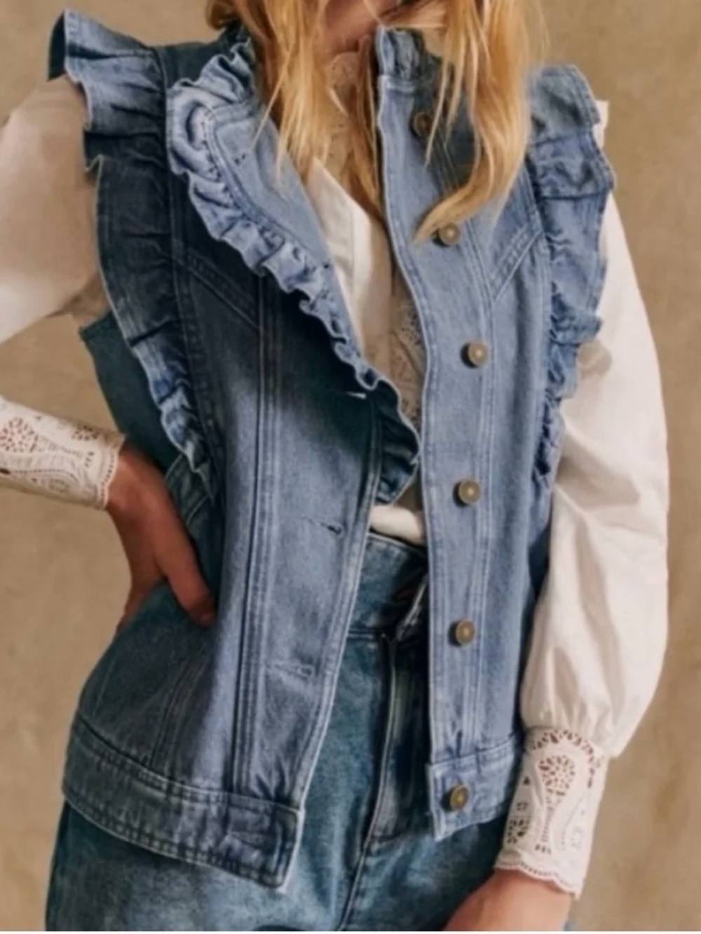 Sezane Light Blue Ruffle-Trim Denim Vest - Picture 5 of 6